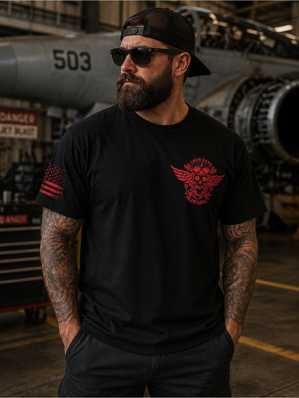 Aircraft Mechanic Graphic T‑Shirt - Black with Red Print
